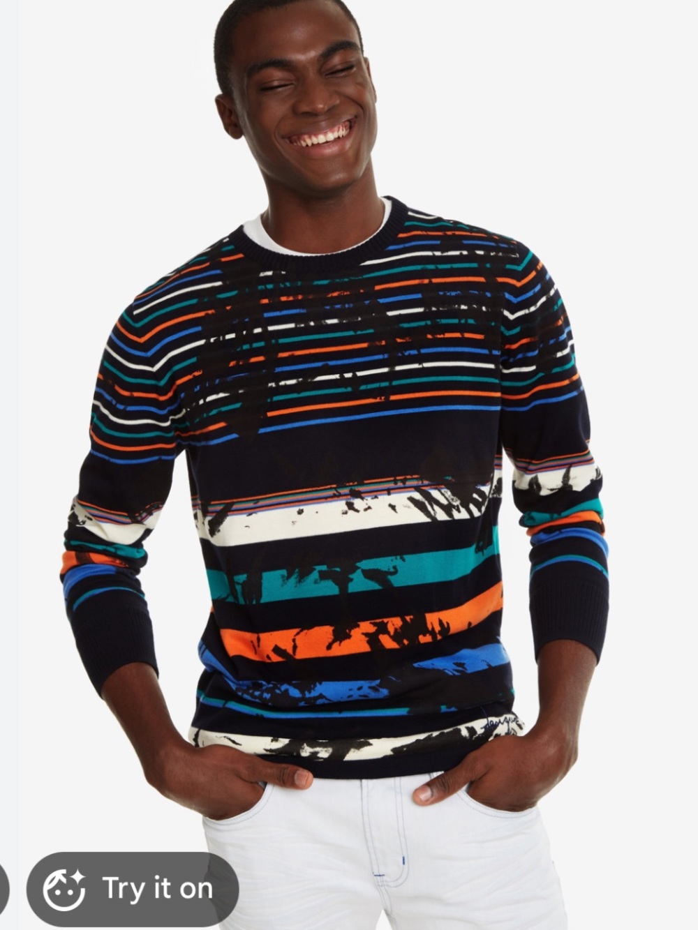 Desigual Men's Crewneck Sweater in Black, Blue, Orange, Teal, White